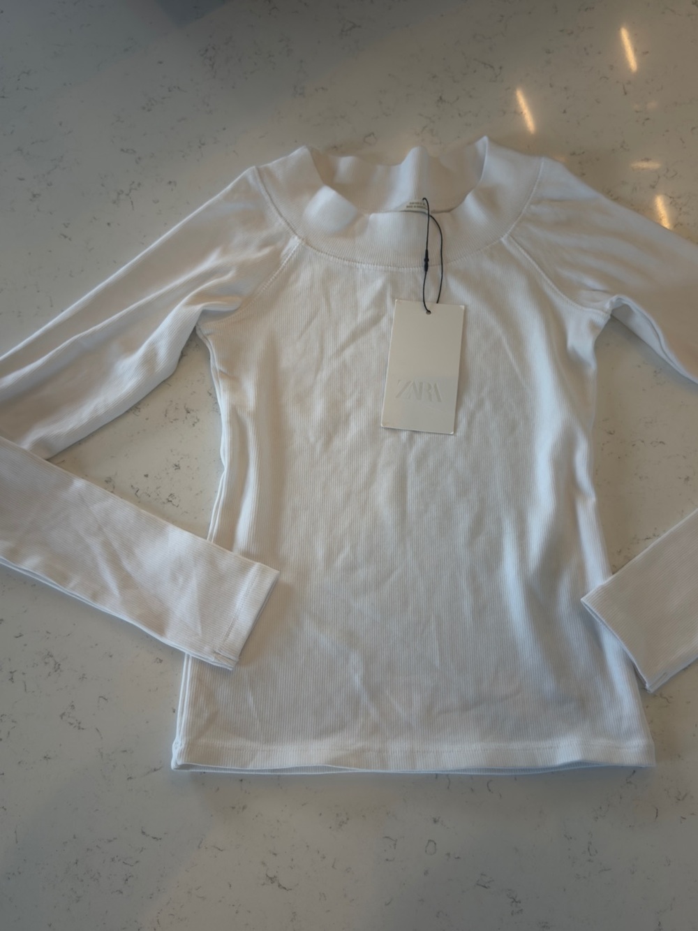 Zara White Ribbed Mock-Neck Long Sleeve Top